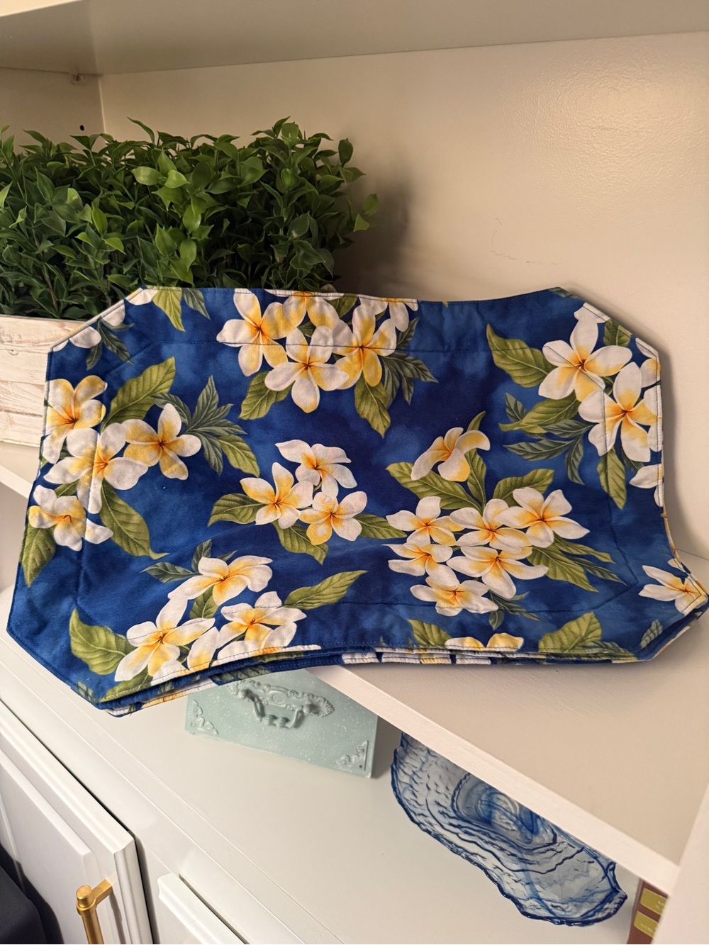 Tropical Plumeria Floral Reversible Quilted Placemats Blue Set of 4